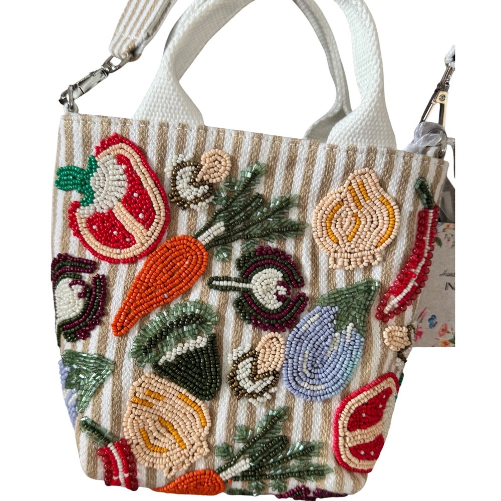 Viral Beaded Handcrafted Veggie Garden Crossobdy Tote Convertible Back Strip NWT